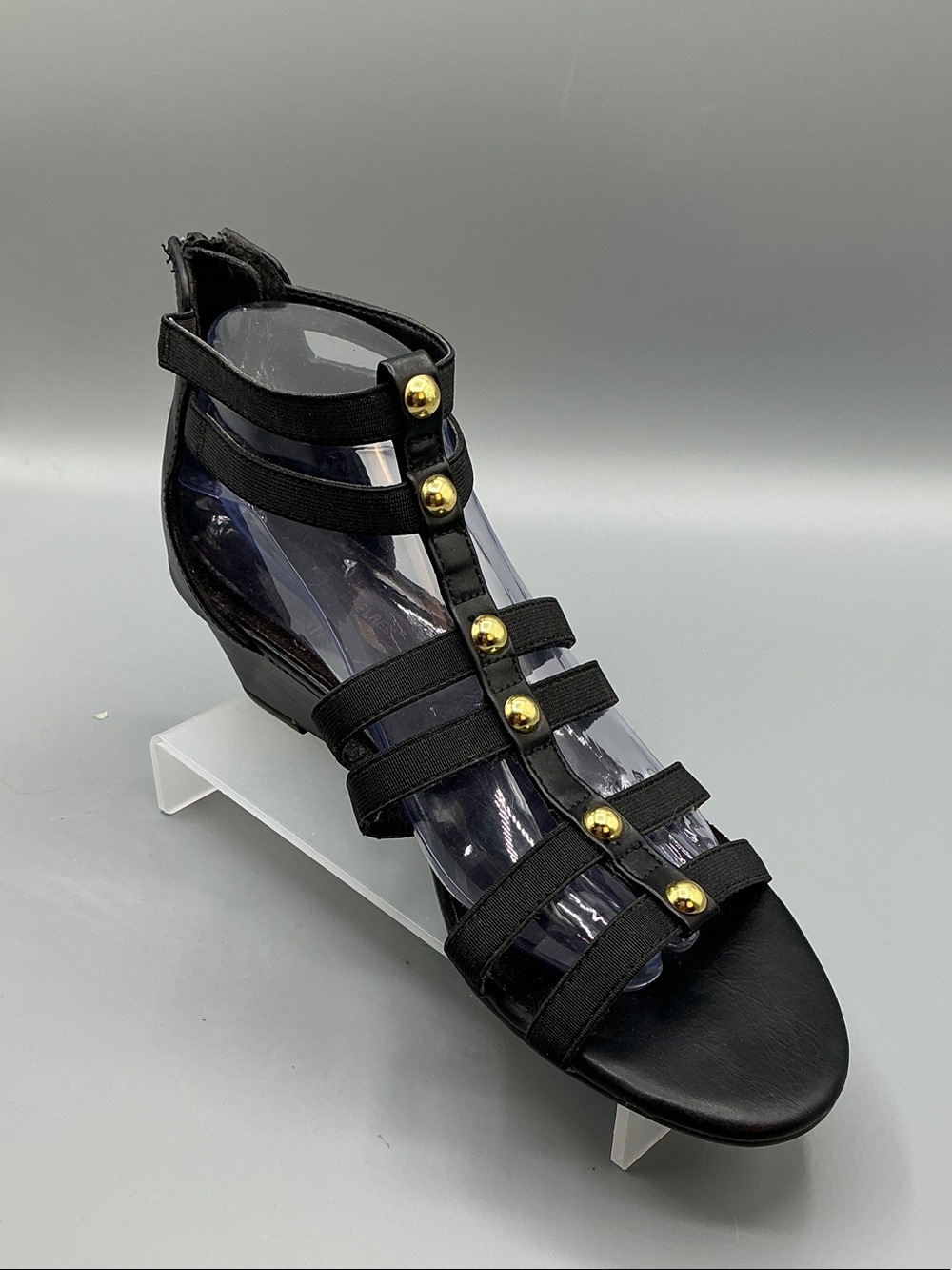 A2 By Aerosoles Black Gladiator Wedge Sandals with Gold Accents, size 9